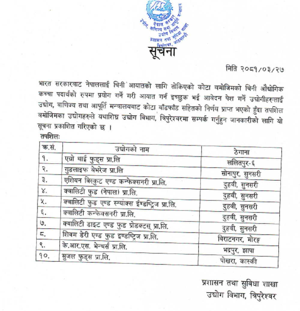 भारतबाट चिनी आयात गर्न १० उद्योगलाई अनुमति